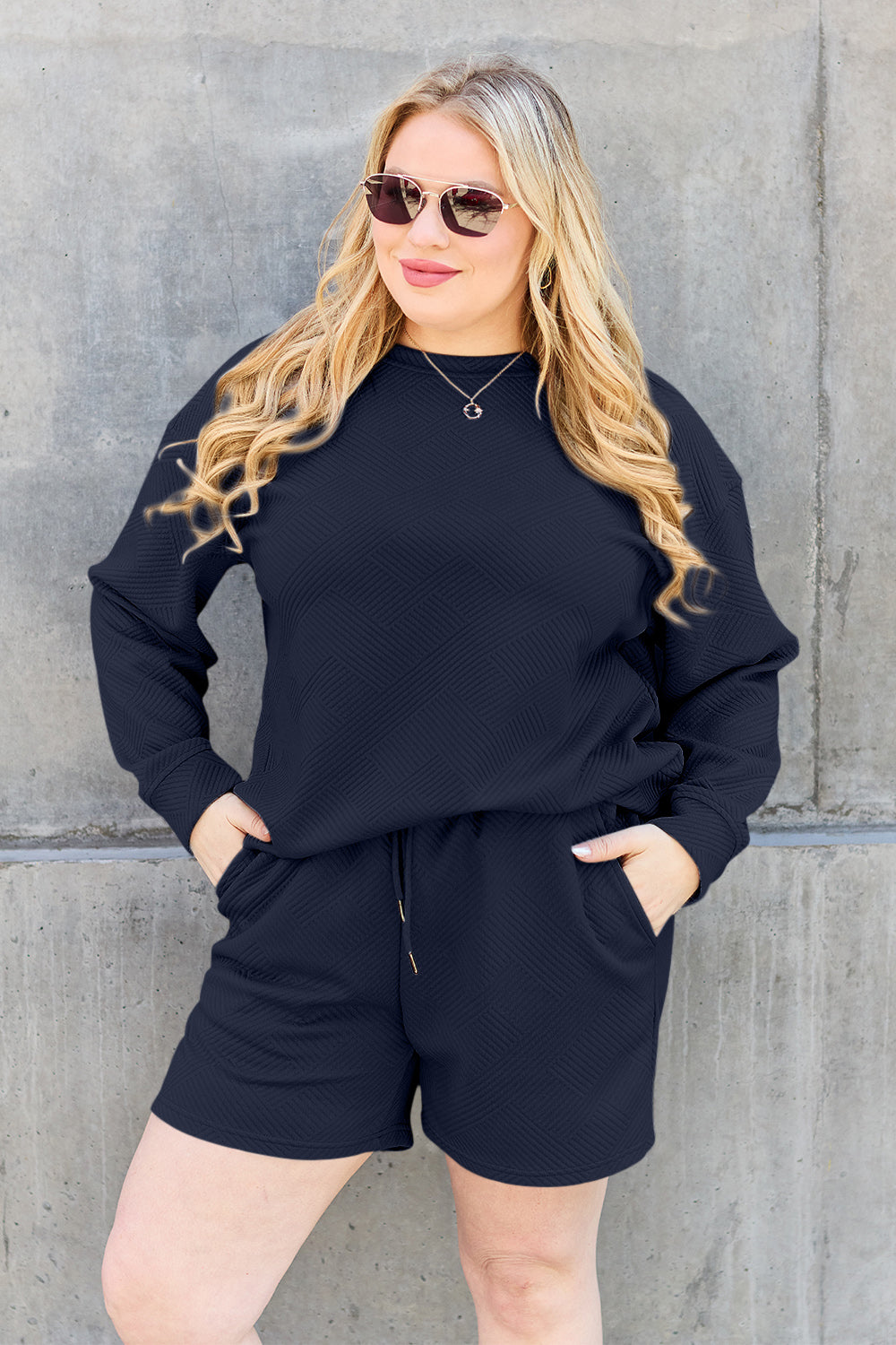 Lydia Texture Long Sleeve Top and Drawstring Shorts Set