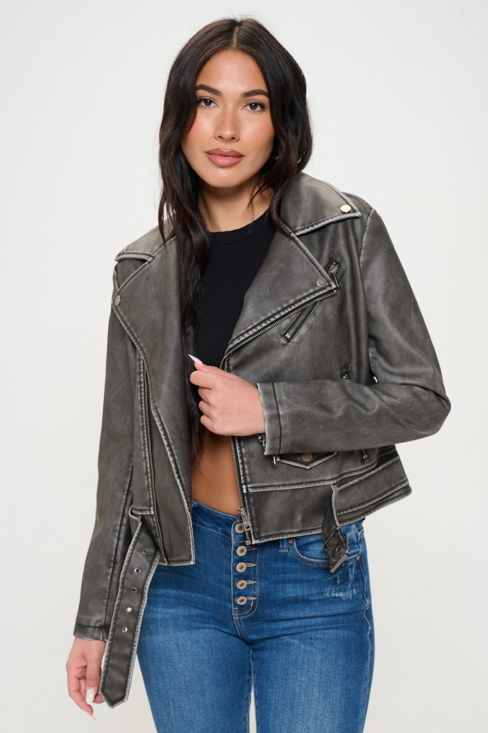 Caren Zip Up Biker Jacket with Belt