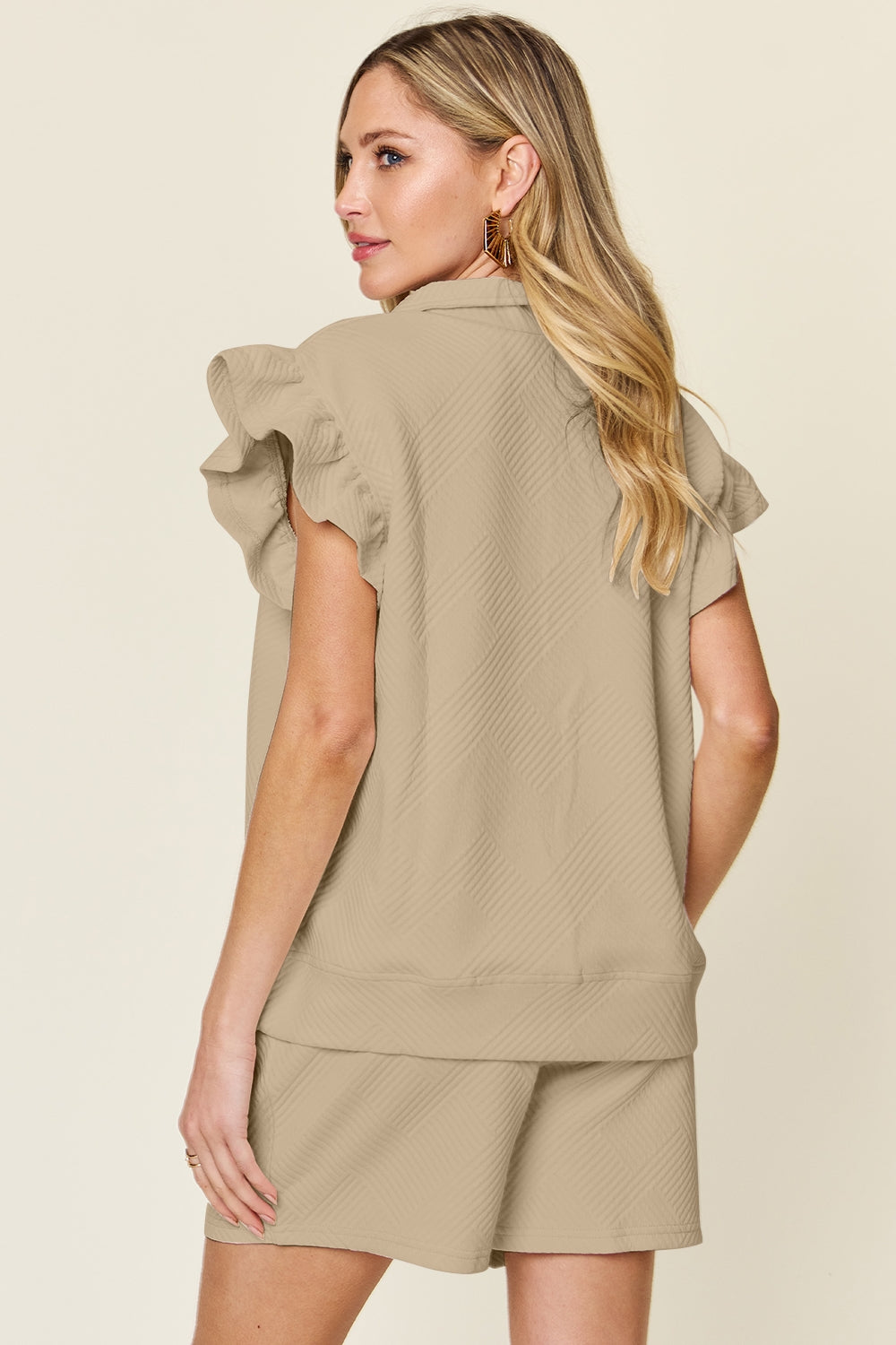 Indie Texture Flounce Sleeve Top and Drawstring Shorts Set