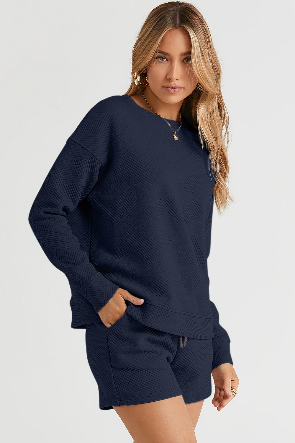 Lydia Texture Long Sleeve Top and Drawstring Shorts Set