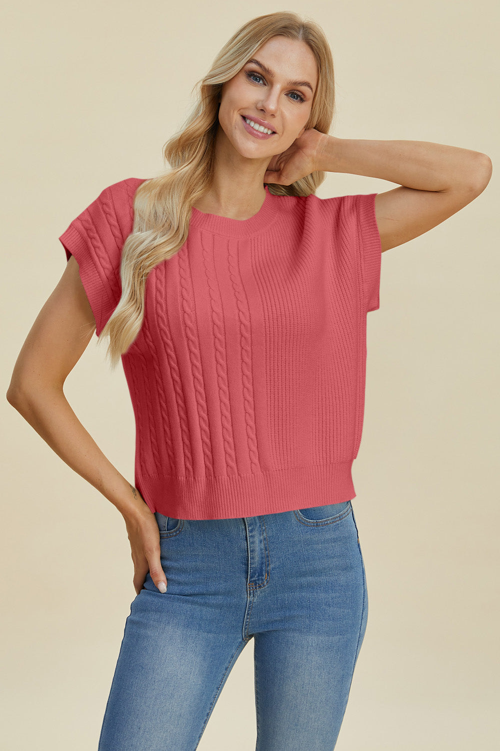 Jovi Double Take Cable-Knit Round Neck Short Sleeve Sweater