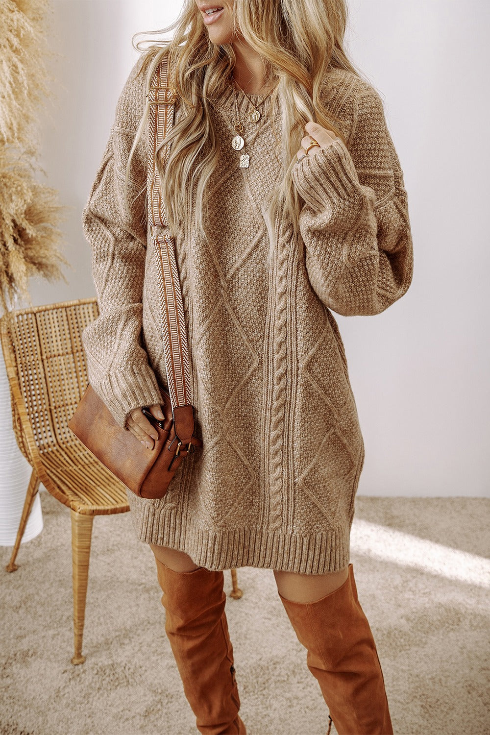 Ann Cable-Knit Round Neck Sweater Dress
