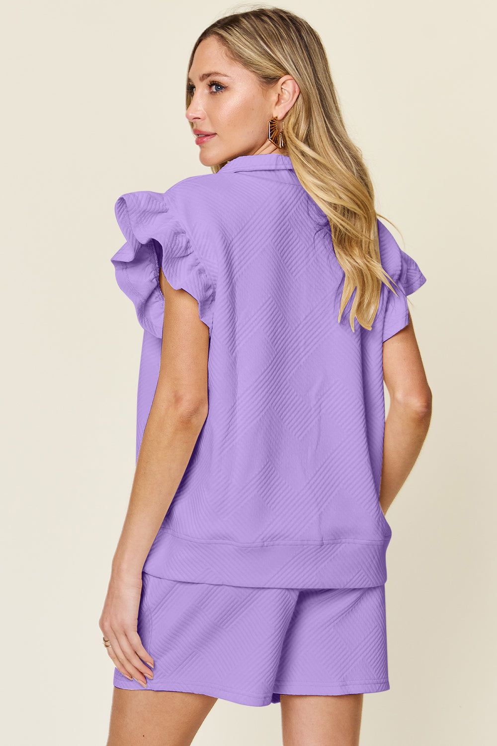 Indie Texture Flounce Sleeve Top and Drawstring Shorts Set