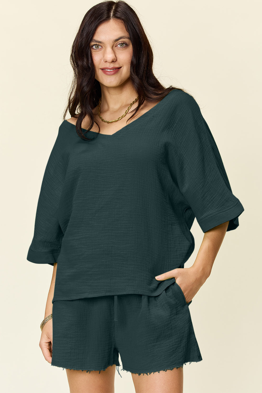 Daphne Texture Half Sleeve T-Shirt and Drawstring Shorts Set