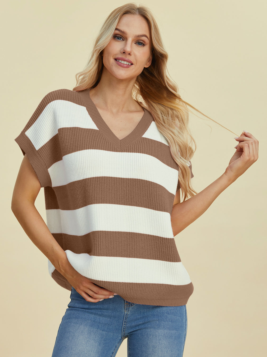 Anna Striped V-Neck Short Sleeve Sweater