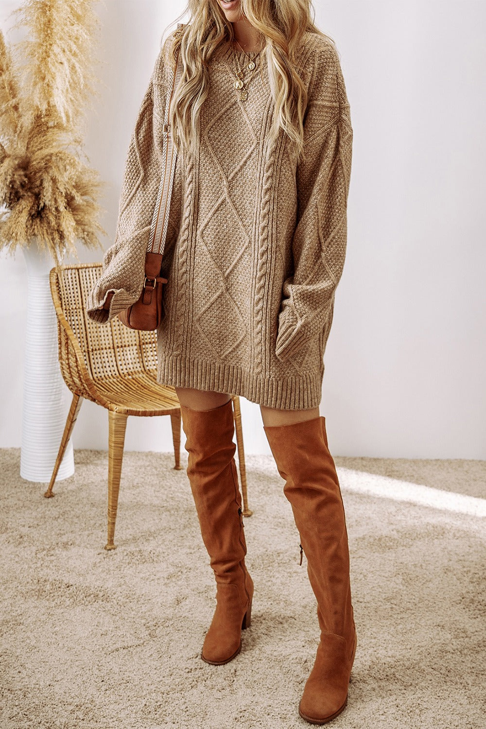 Ann Cable-Knit Round Neck Sweater Dress