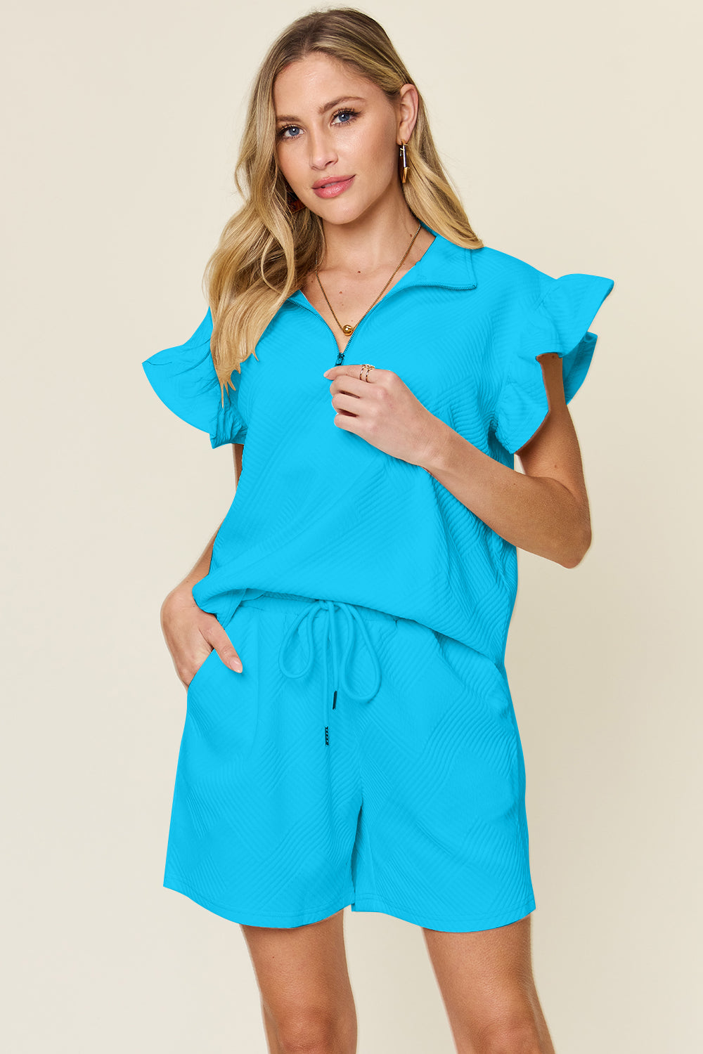 Indie Texture Flounce Sleeve Top and Drawstring Shorts Set