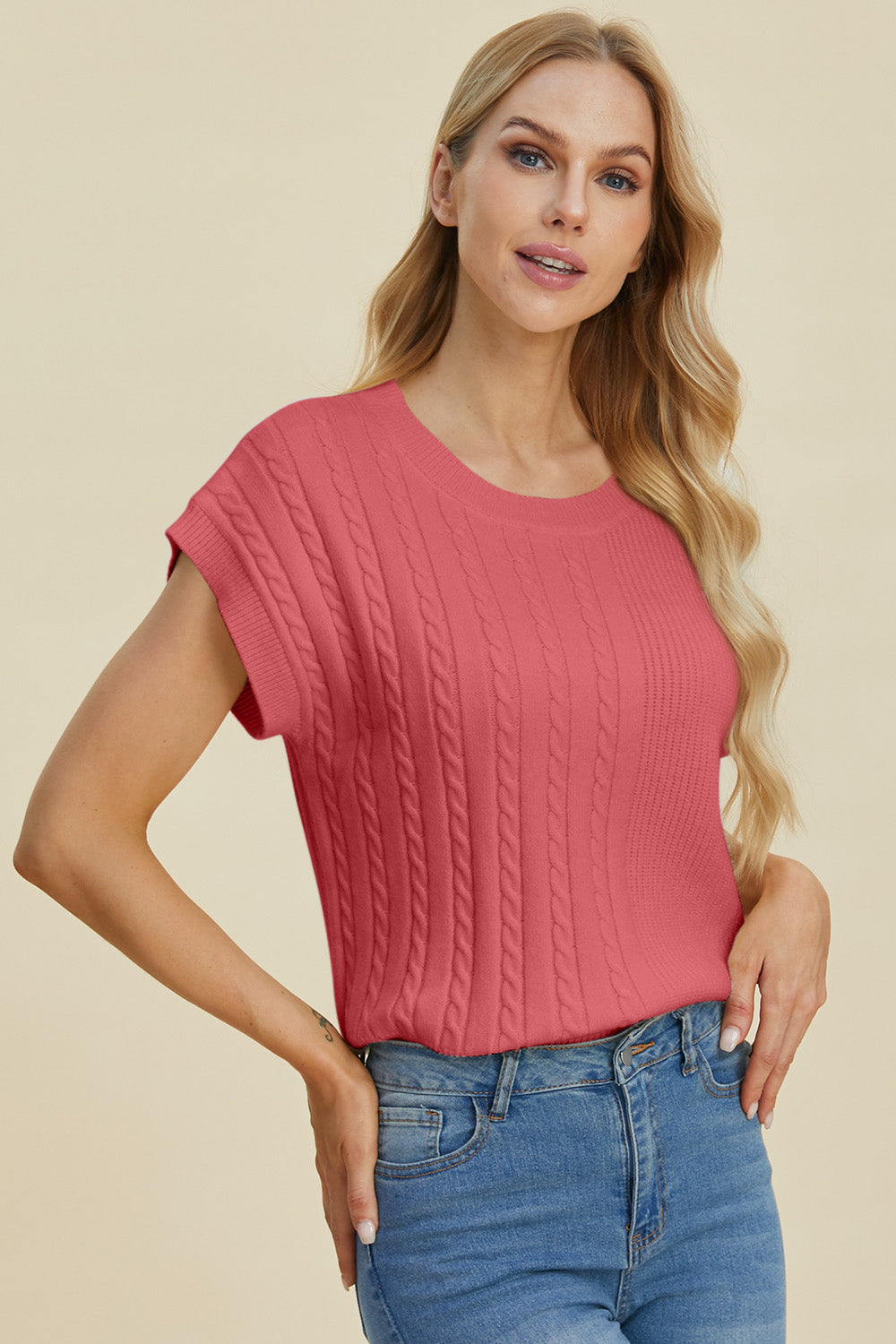 Jovi Double Take Cable-Knit Round Neck Short Sleeve Sweater