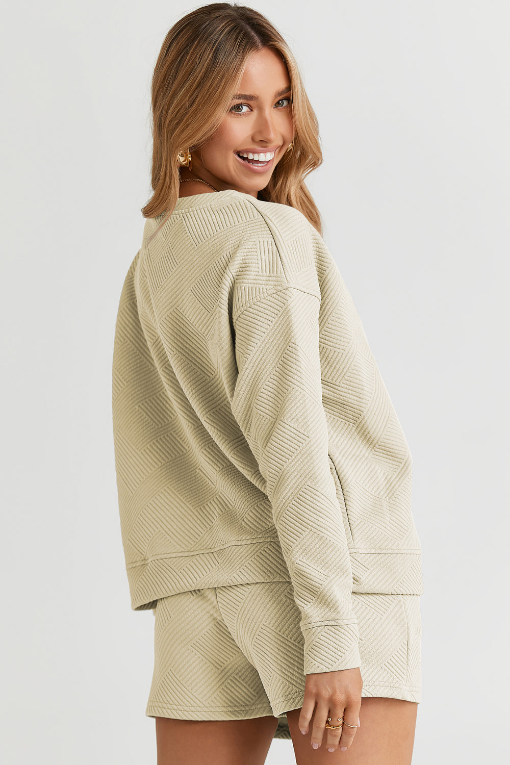 Lydia Texture Long Sleeve Top and Drawstring Shorts Set