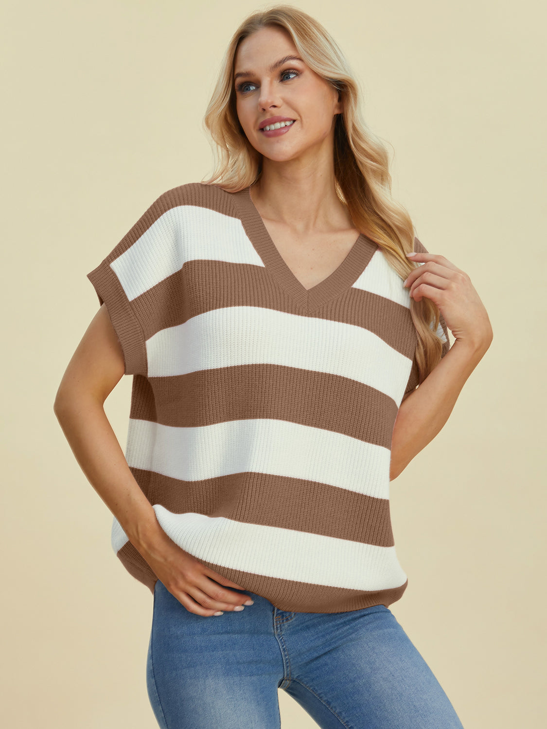 Anna Striped V-Neck Short Sleeve Sweater