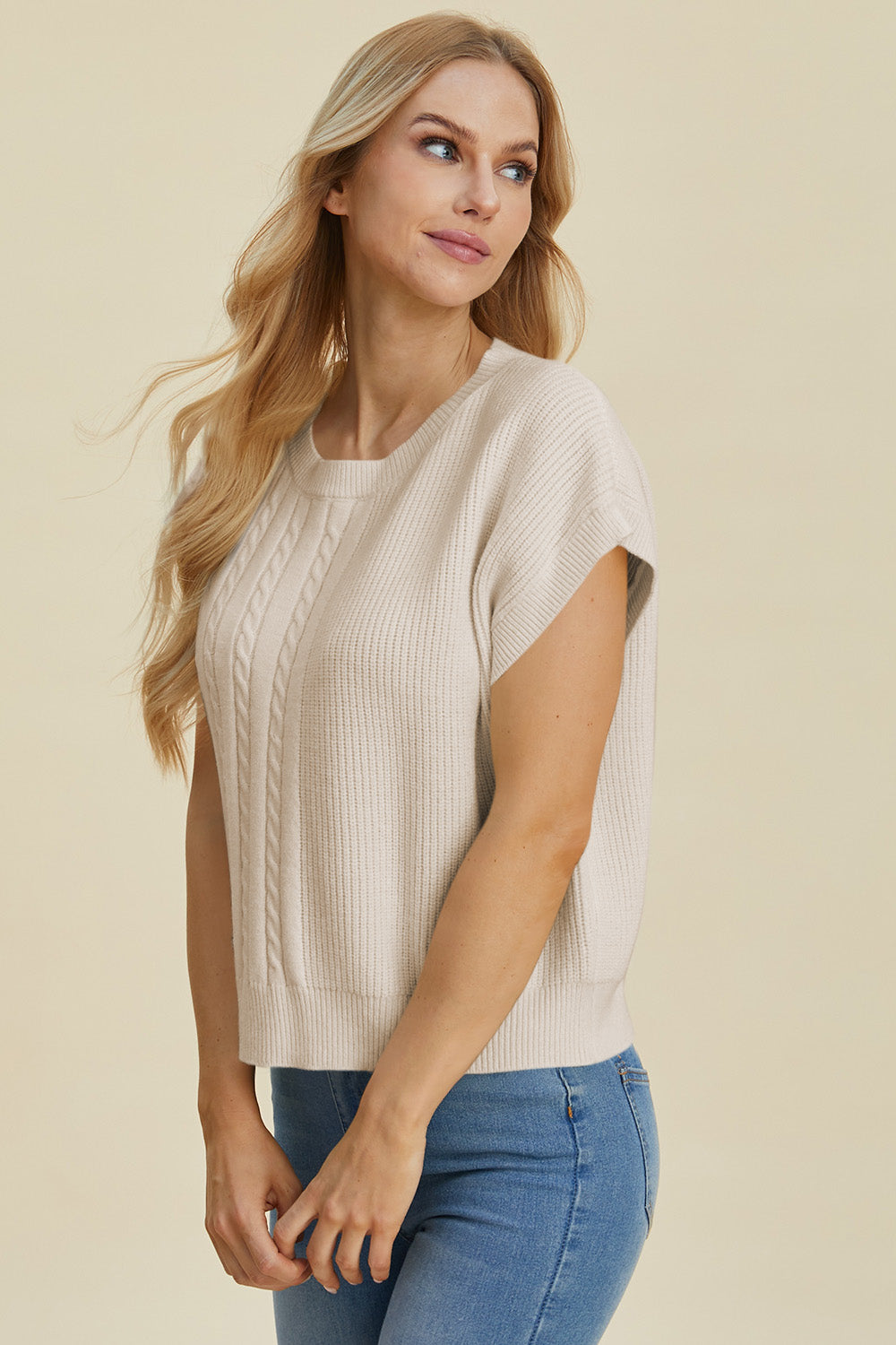 Jovi Double Take Cable-Knit Round Neck Short Sleeve Sweater
