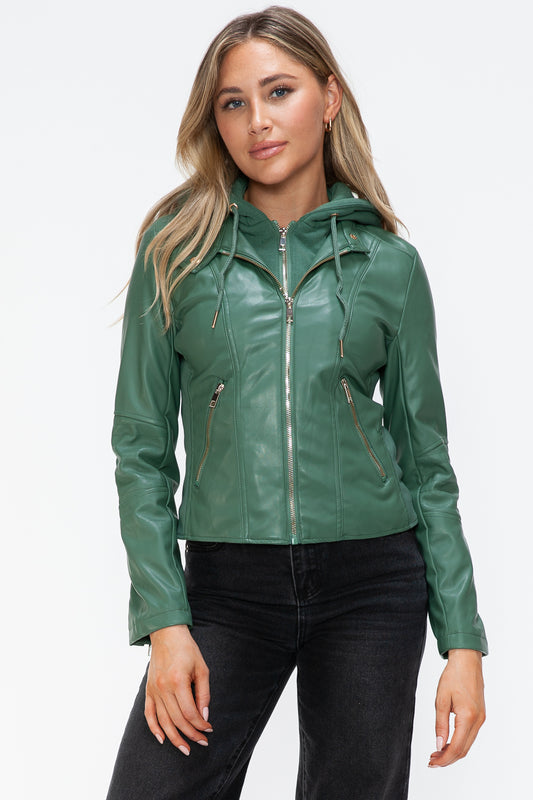 Cassie Faux Leather Zip Up Drawstring Hooded Jacket