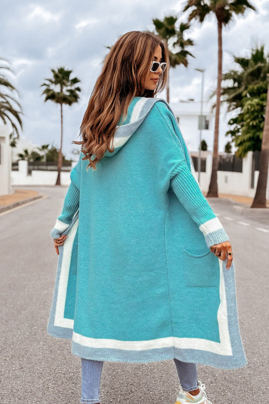 Tyra Pocketed Contrast Long Sleeve Hooded Cardigan