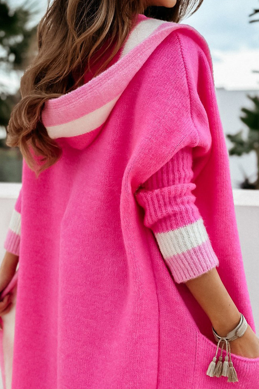 Tyra Pocketed Contrast Long Sleeve Hooded Cardigan