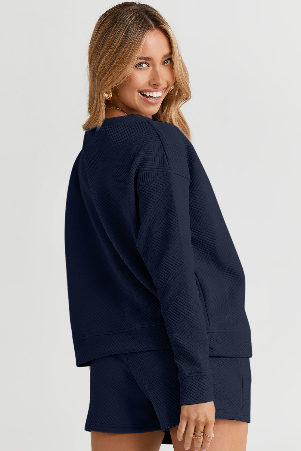 Lydia Texture Long Sleeve Top and Drawstring Shorts Set