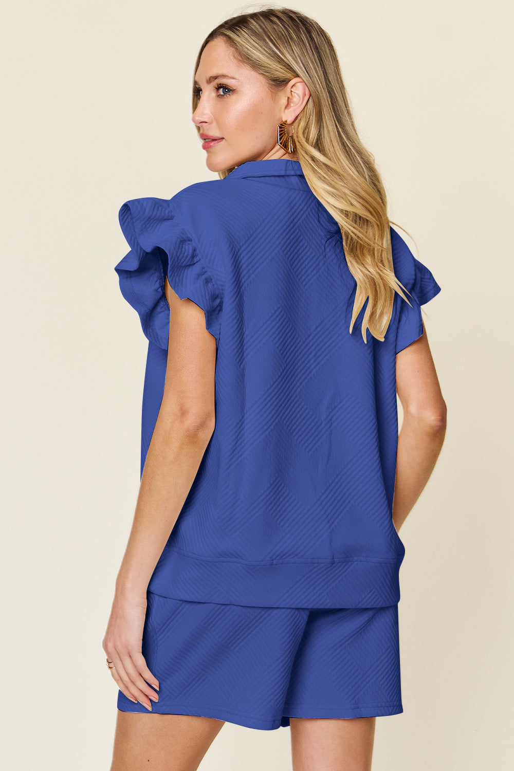 Indie Texture Flounce Sleeve Top and Drawstring Shorts Set