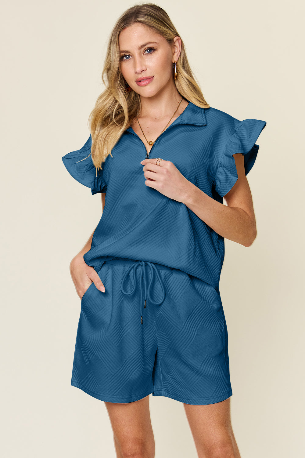 Indie Texture Flounce Sleeve Top and Drawstring Shorts Set