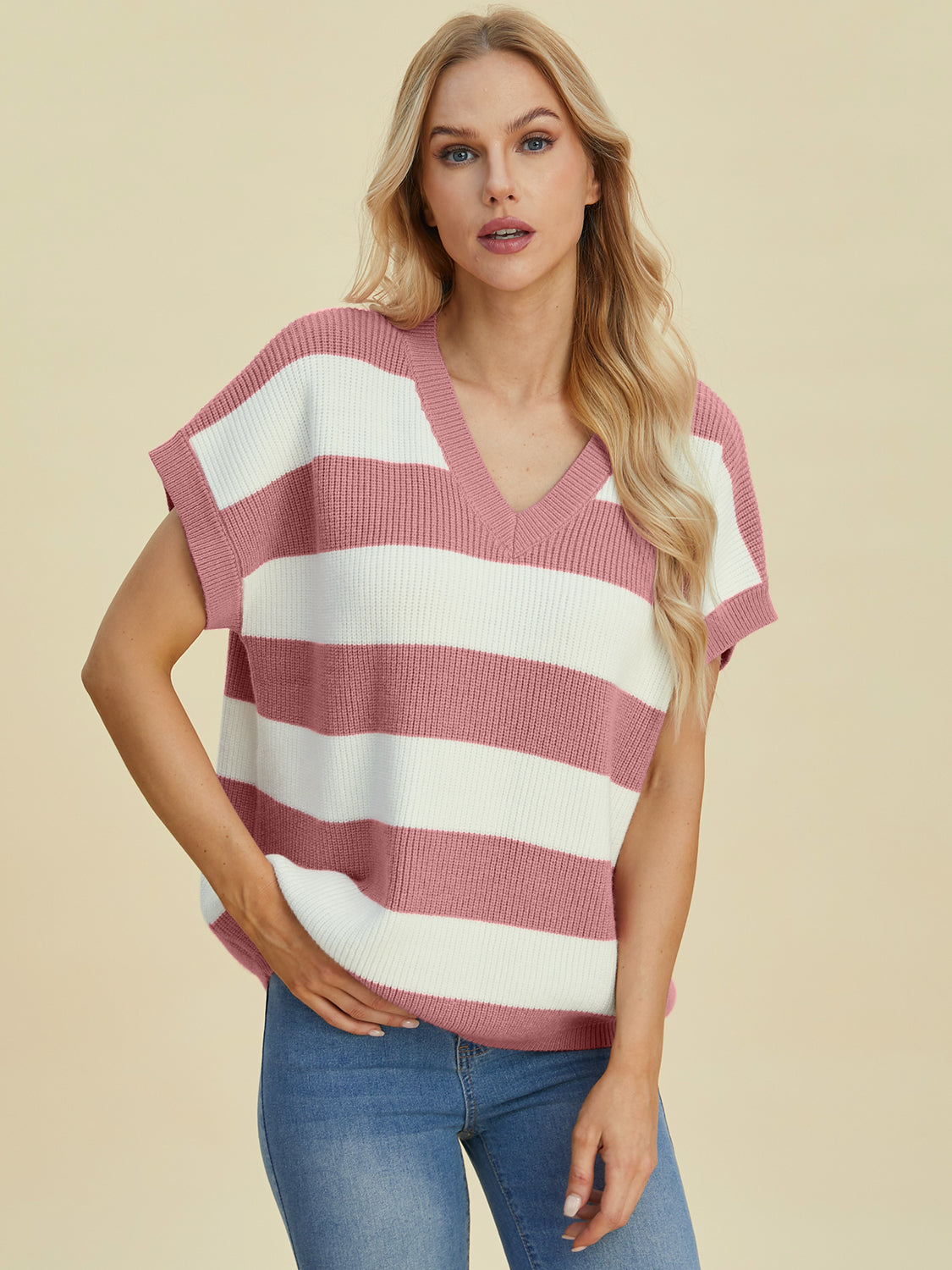 Anna Striped V-Neck Short Sleeve Sweater