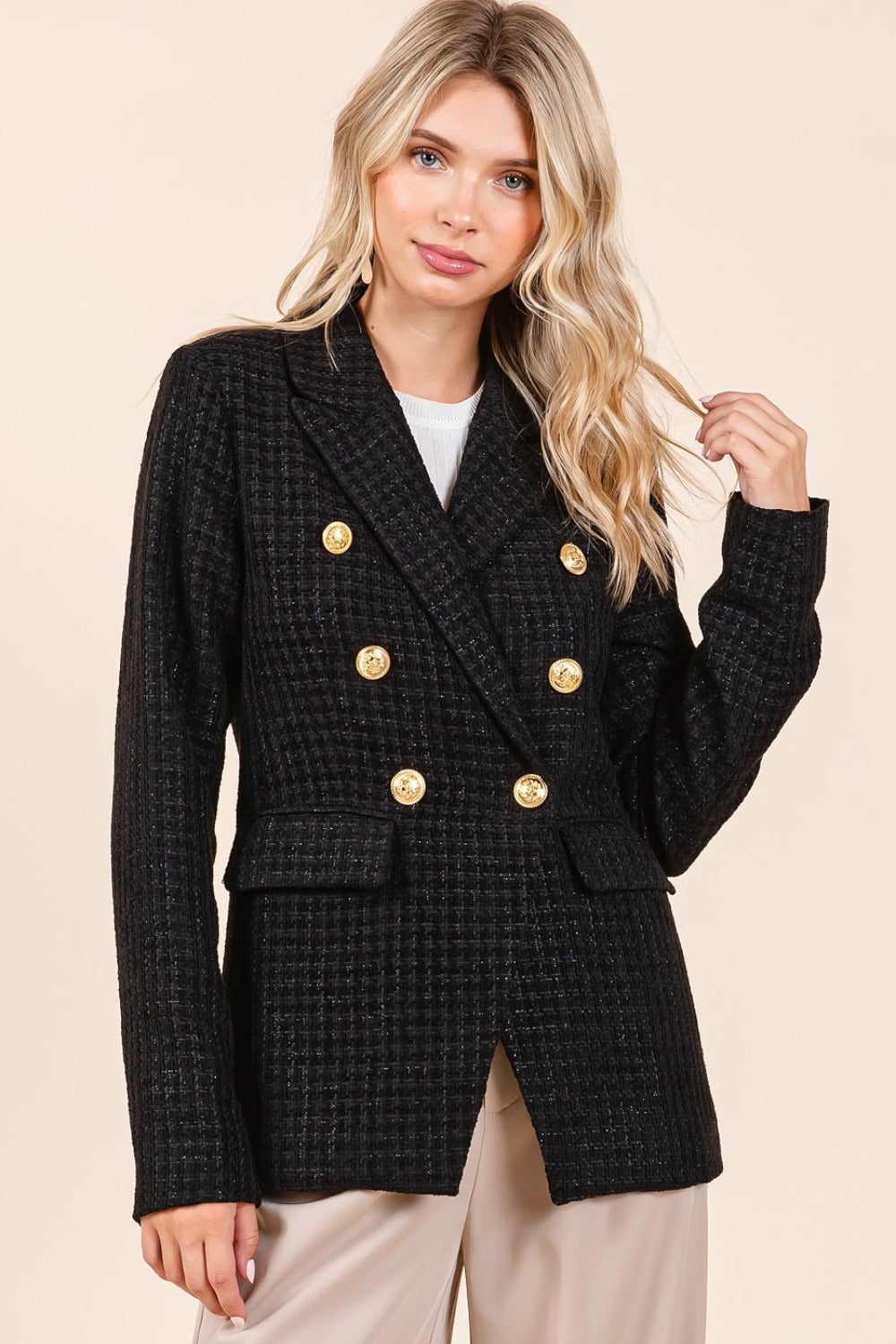 Jackie Plaid Texture Double-Breasted Long Sleeve Blazer