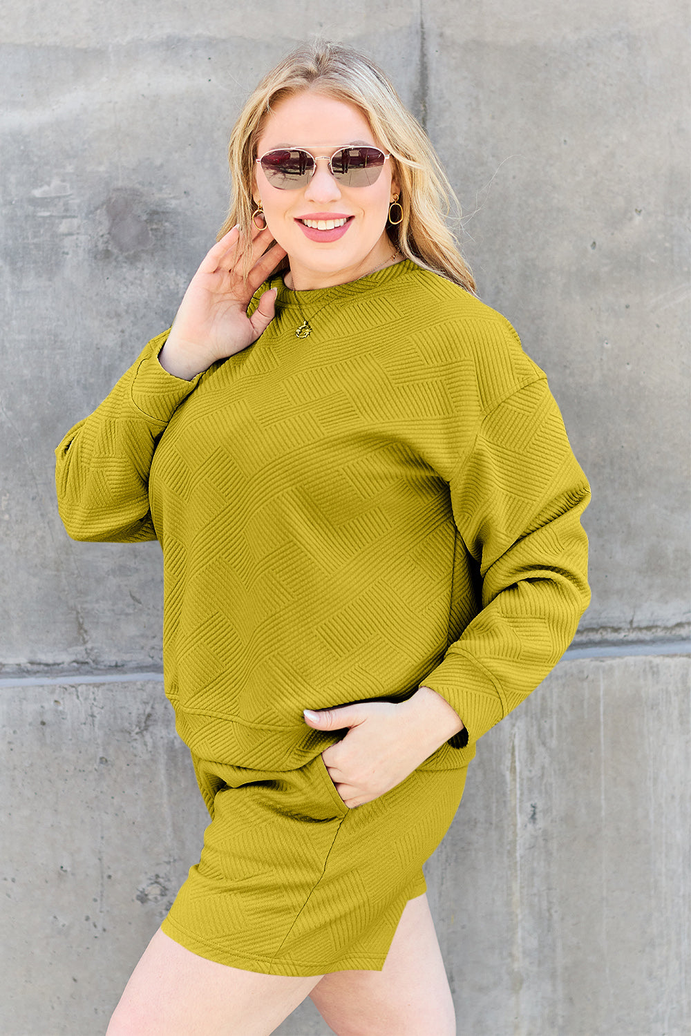 Lydia Texture Long Sleeve Top and Drawstring Shorts Set