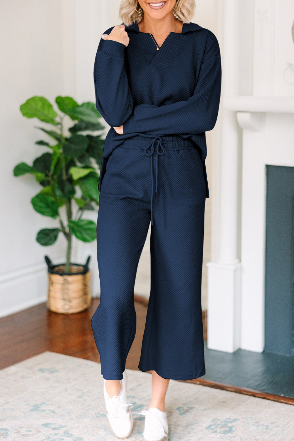 Stephanie Textured Collared Neck Top and Wide Leg Pants Set