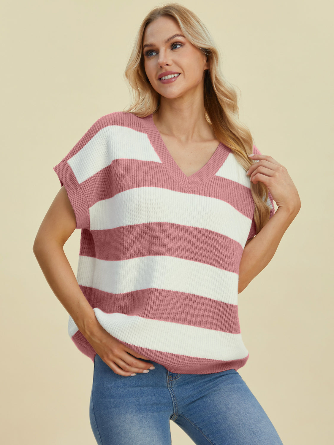 Anna Striped V-Neck Short Sleeve Sweater