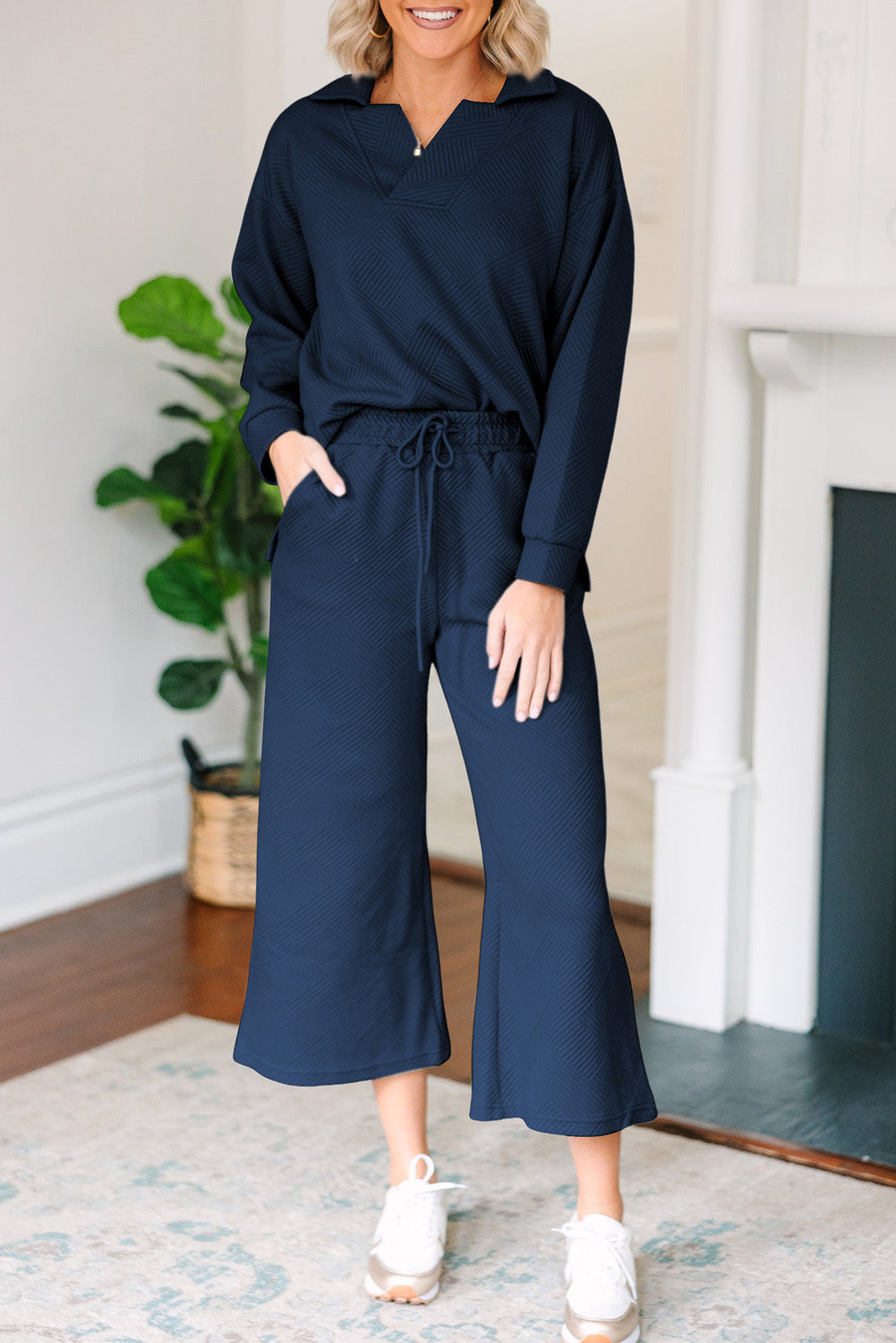 Stephanie Textured Collared Neck Top and Wide Leg Pants Set
