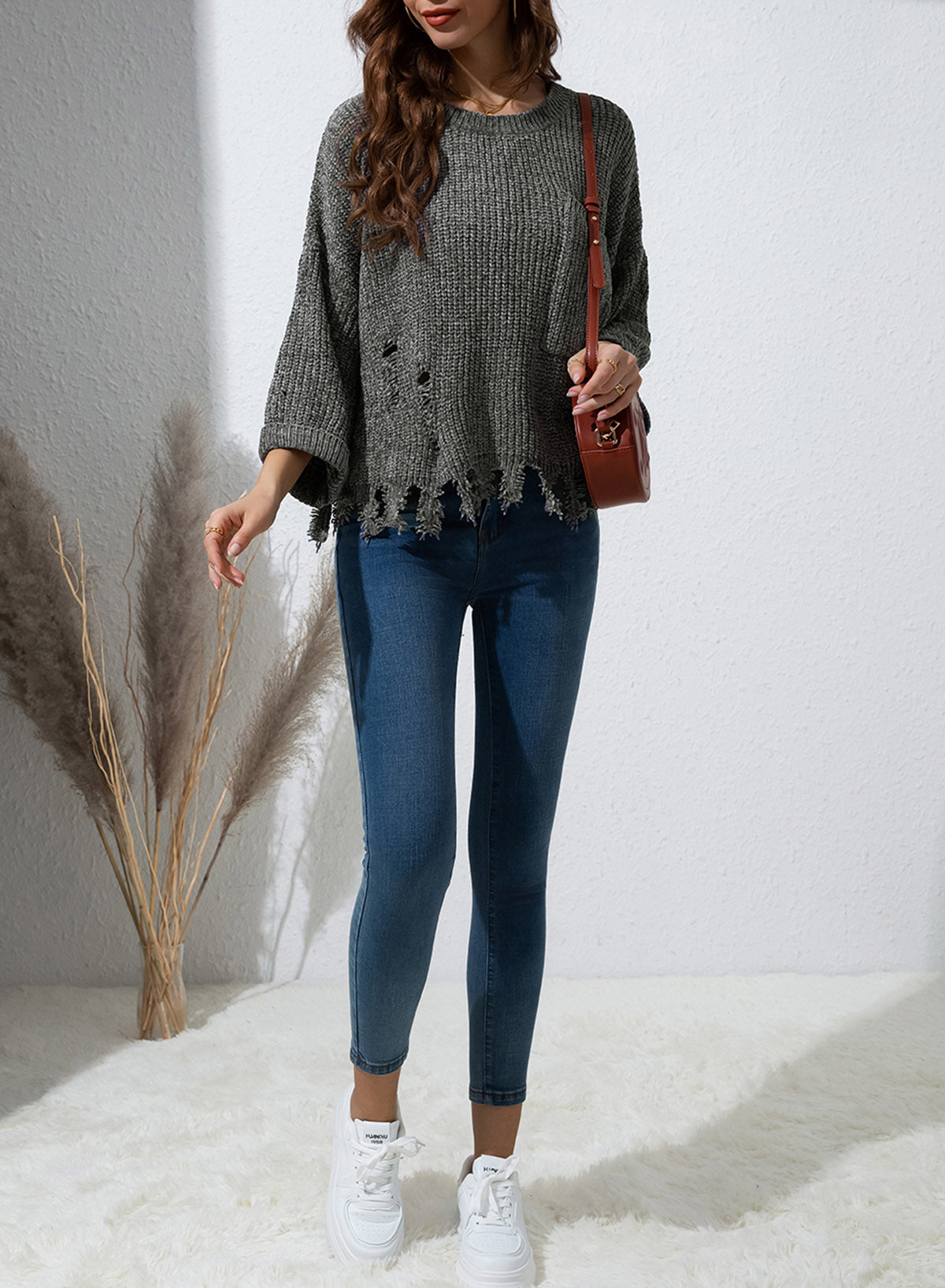 Devan Distressed Round Neck Drop Shoulder Sweater