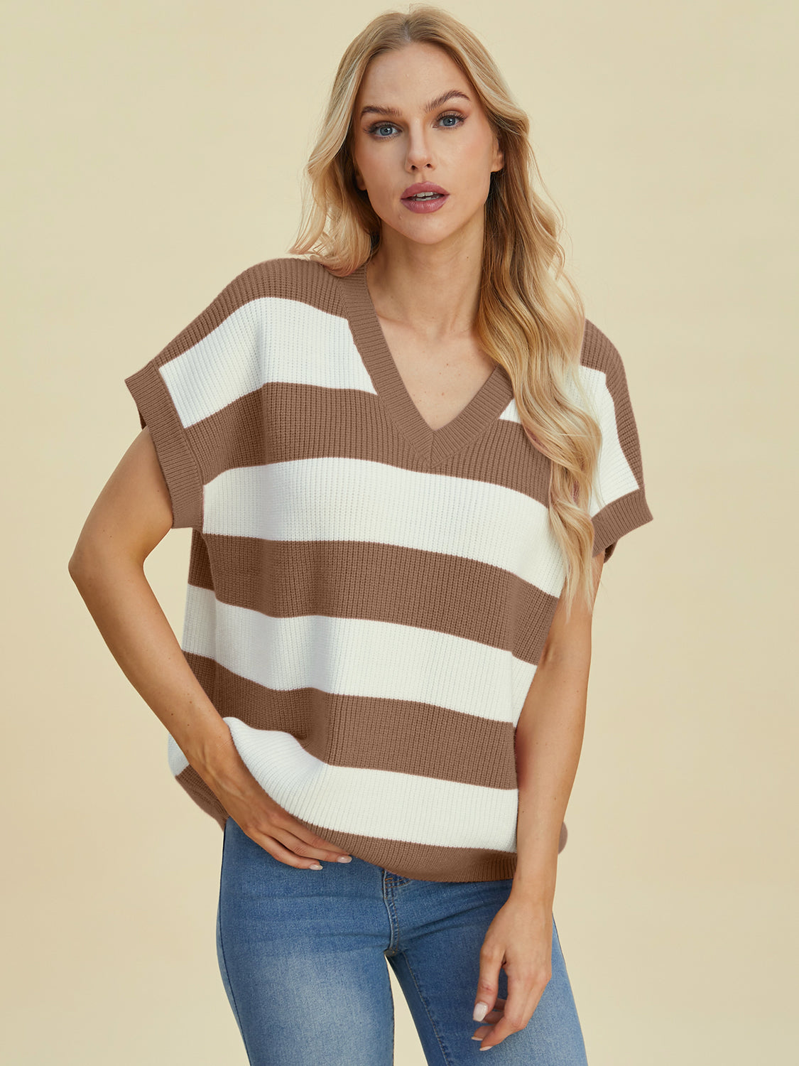 Anna Striped V-Neck Short Sleeve Sweater