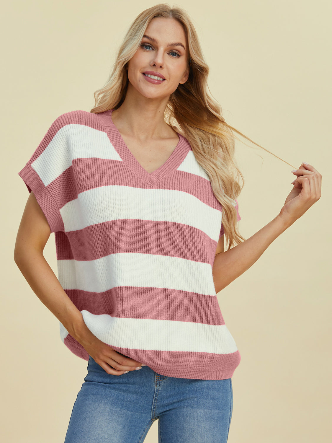 Anna Striped V-Neck Short Sleeve Sweater