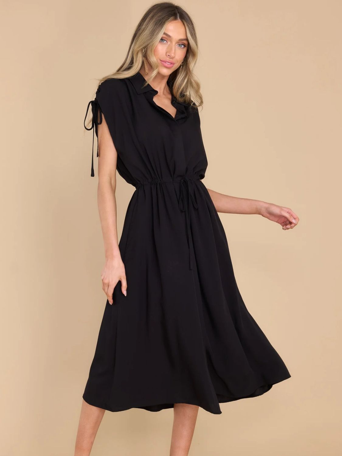 Marina Drawstring Collared Neck Short Sleeve Midi Dress