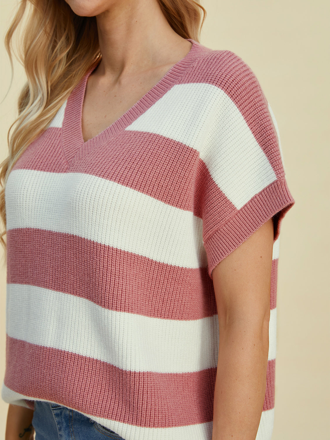 Anna Striped V-Neck Short Sleeve Sweater
