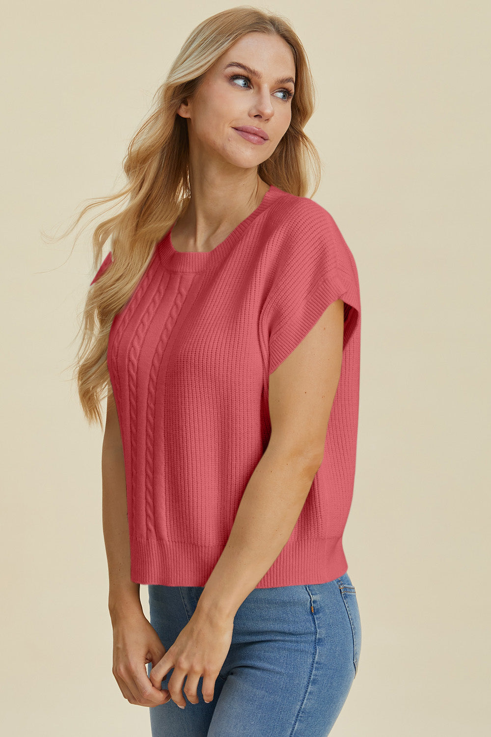 Jovi Double Take Cable-Knit Round Neck Short Sleeve Sweater
