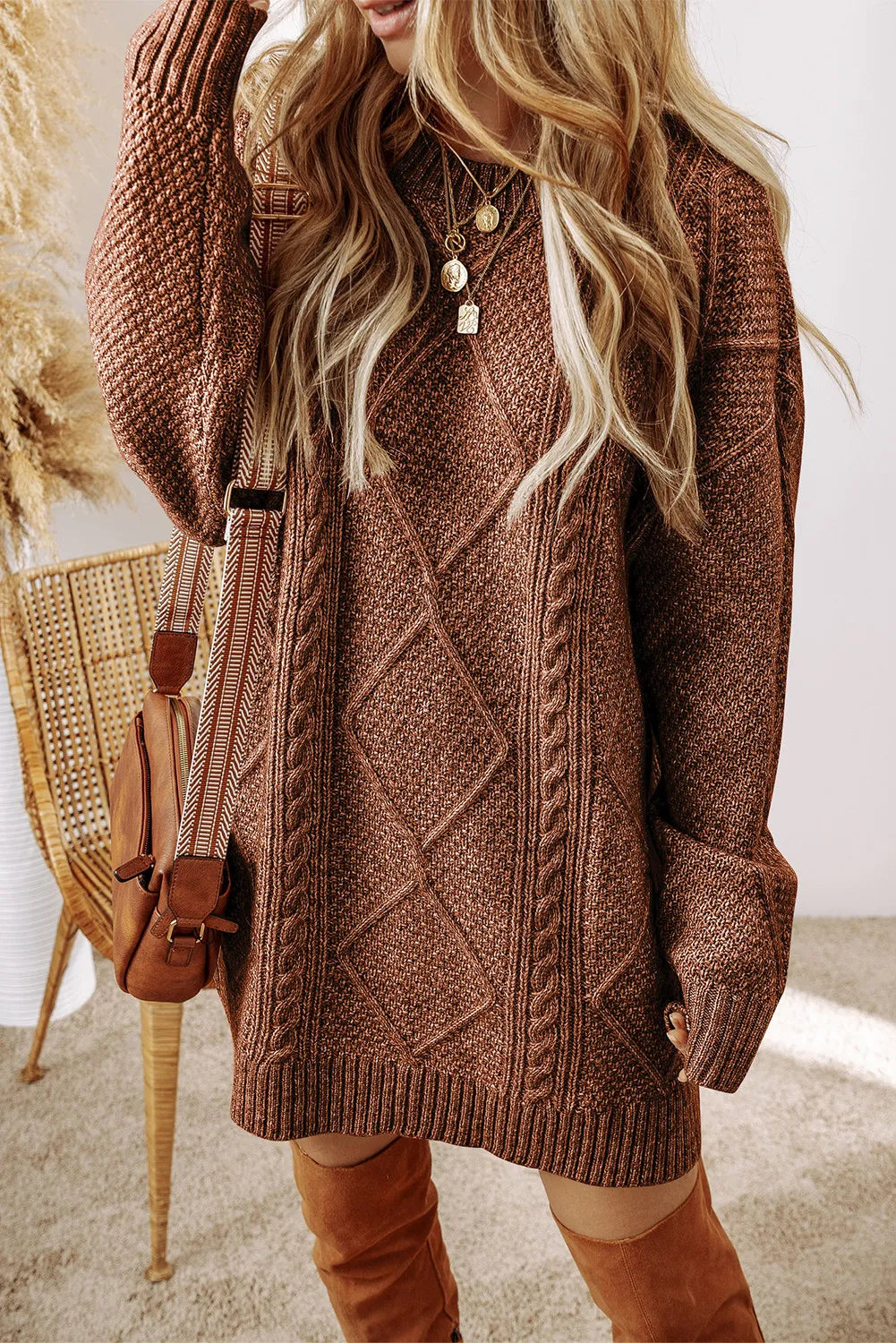 Ann Cable-Knit Round Neck Sweater Dress