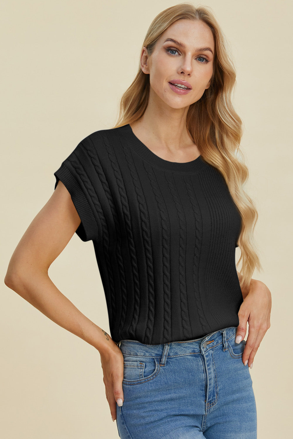 Jovi Double Take Cable-Knit Round Neck Short Sleeve Sweater
