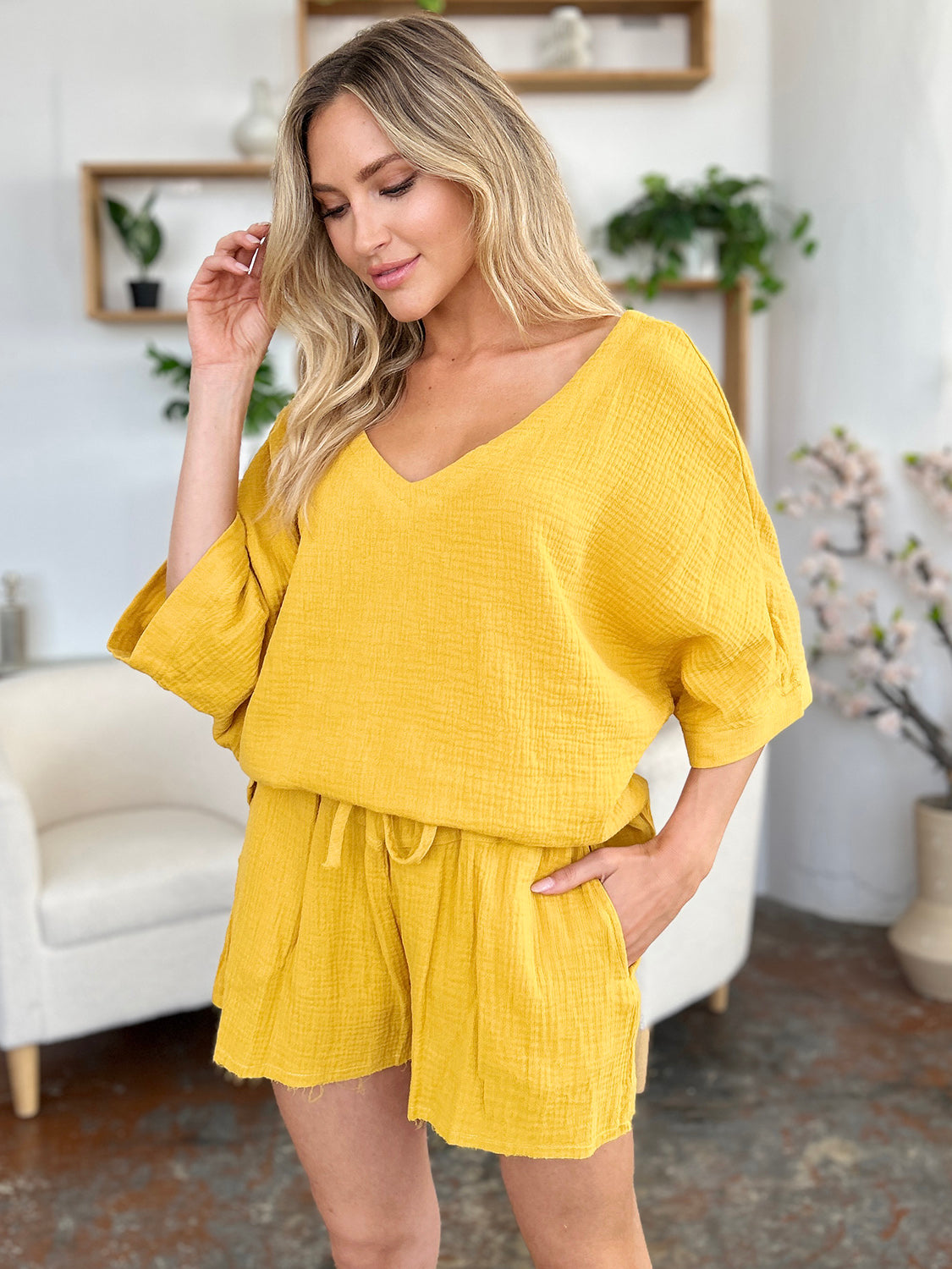 Daphne Texture Half Sleeve T-Shirt and Drawstring Shorts Set