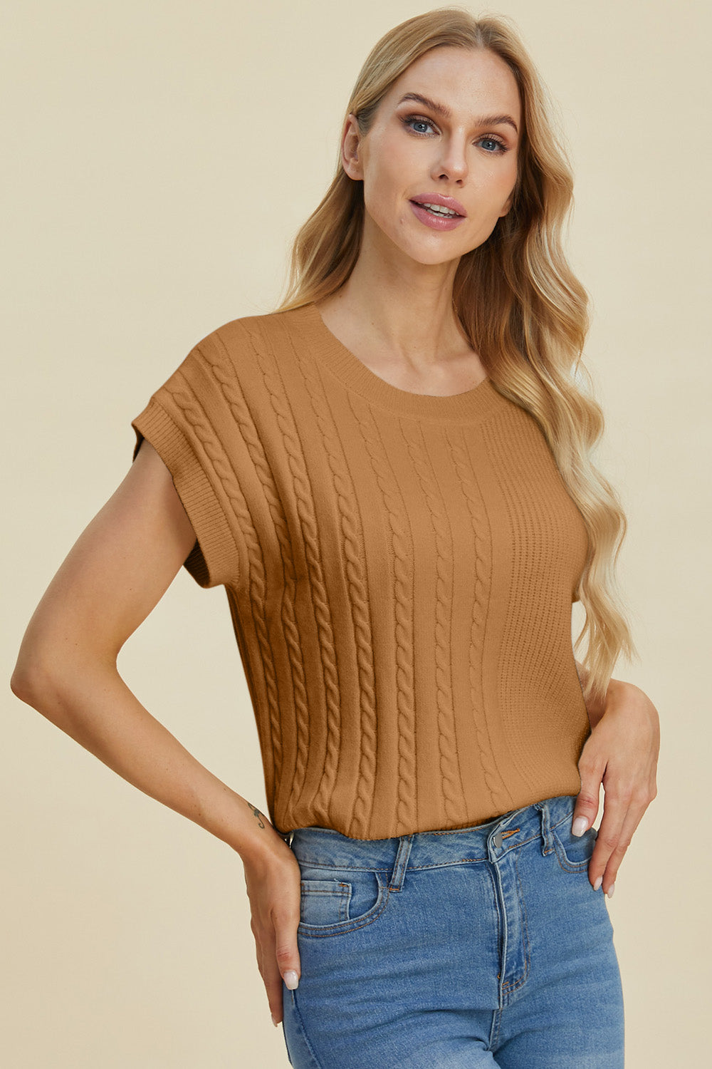 Jovi Double Take Cable-Knit Round Neck Short Sleeve Sweater