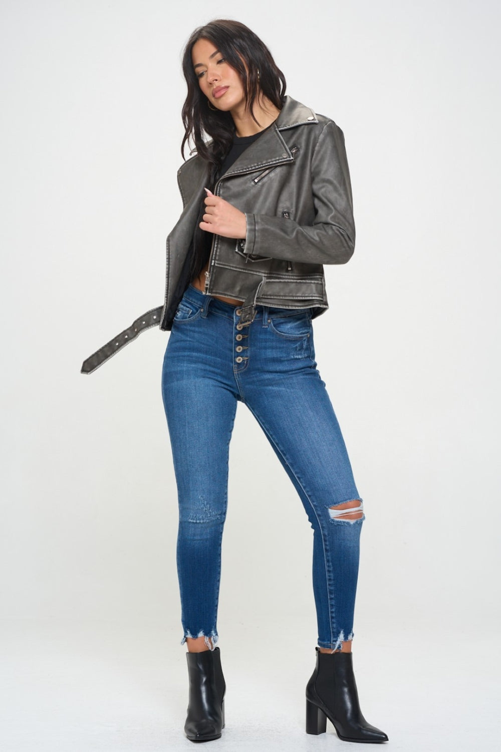Caren Zip Up Biker Jacket with Belt