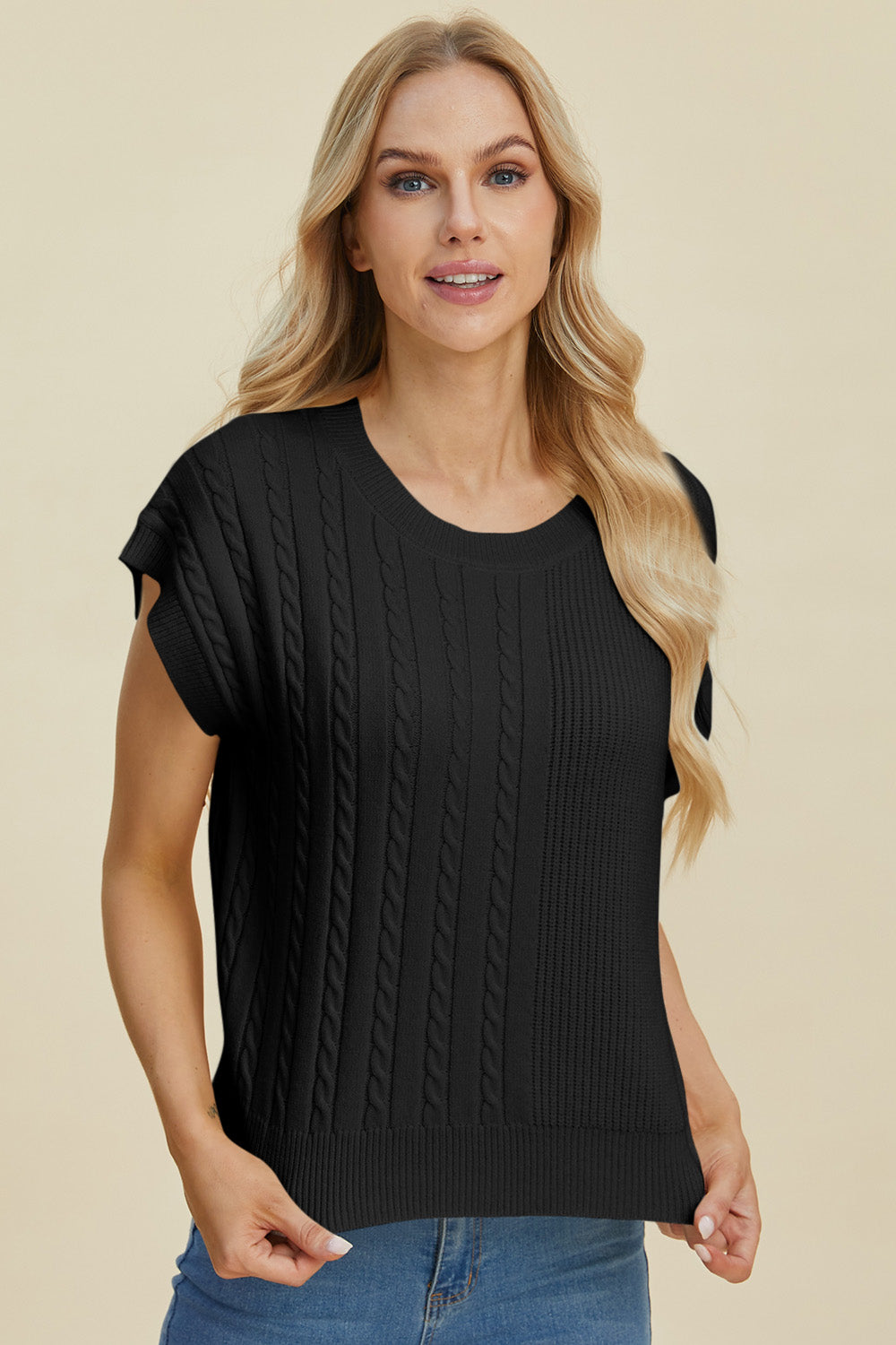 Jovi Double Take Cable-Knit Round Neck Short Sleeve Sweater