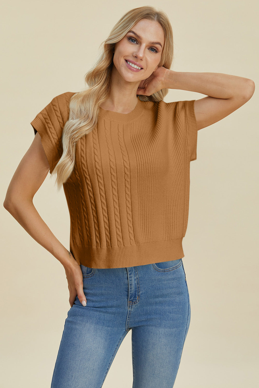 Jovi Double Take Cable-Knit Round Neck Short Sleeve Sweater