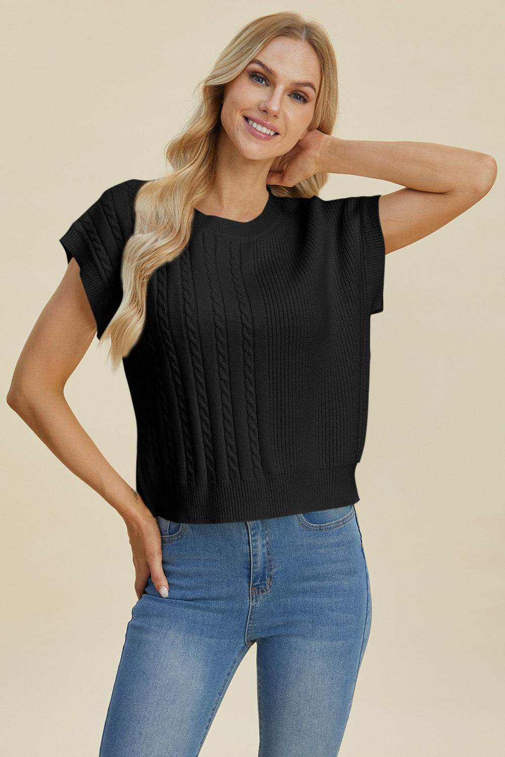 Jovi Double Take Cable-Knit Round Neck Short Sleeve Sweater