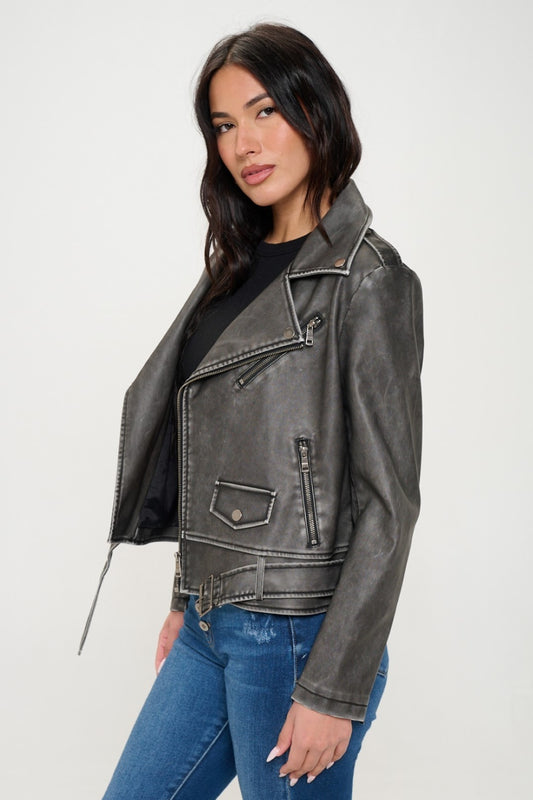 Caren Zip Up Biker Jacket with Belt