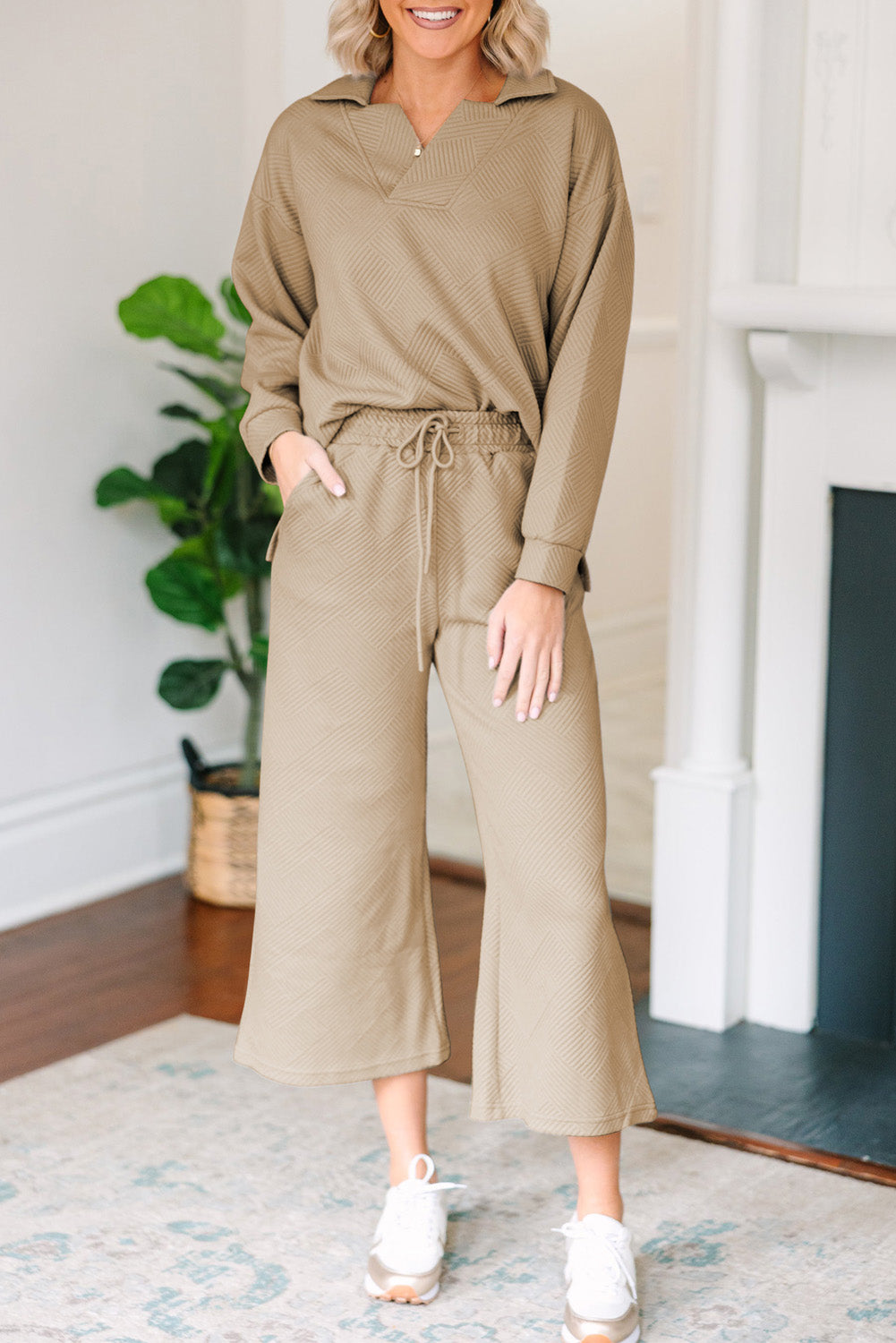Stephanie Textured Collared Neck Top and Wide Leg Pants Set