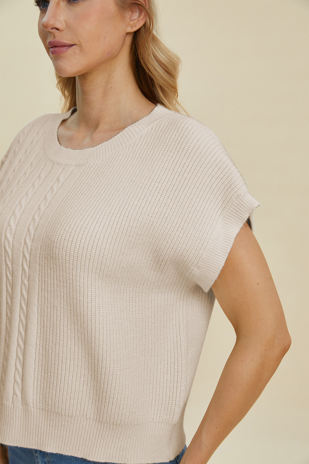 Jovi Double Take Cable-Knit Round Neck Short Sleeve Sweater