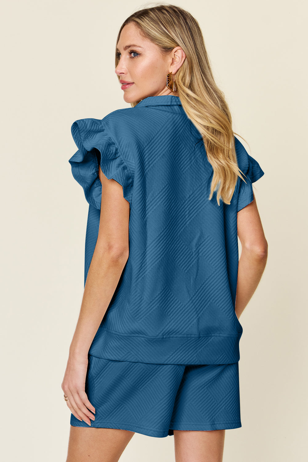 Indie Texture Flounce Sleeve Top and Drawstring Shorts Set
