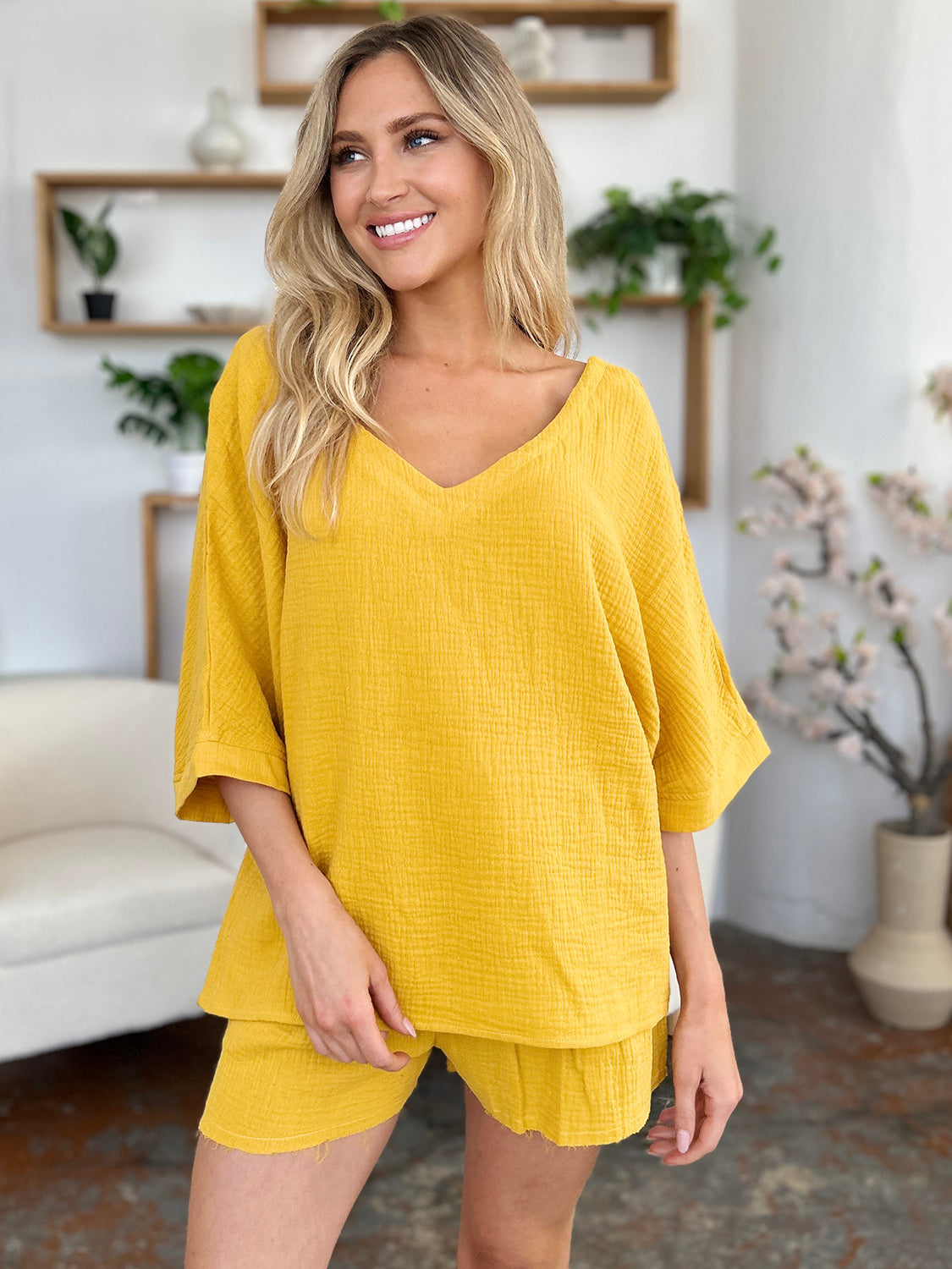 Daphne Texture Half Sleeve T-Shirt and Drawstring Shorts Set