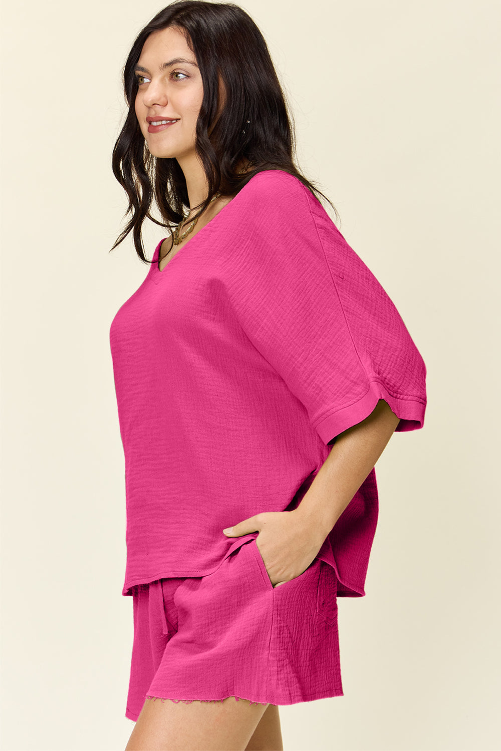 Daphne Texture Half Sleeve T-Shirt and Drawstring Shorts Set