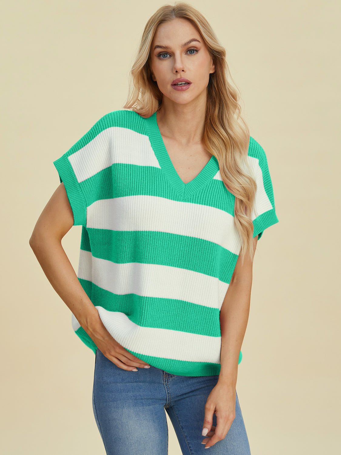 Anna Striped V-Neck Short Sleeve Sweater