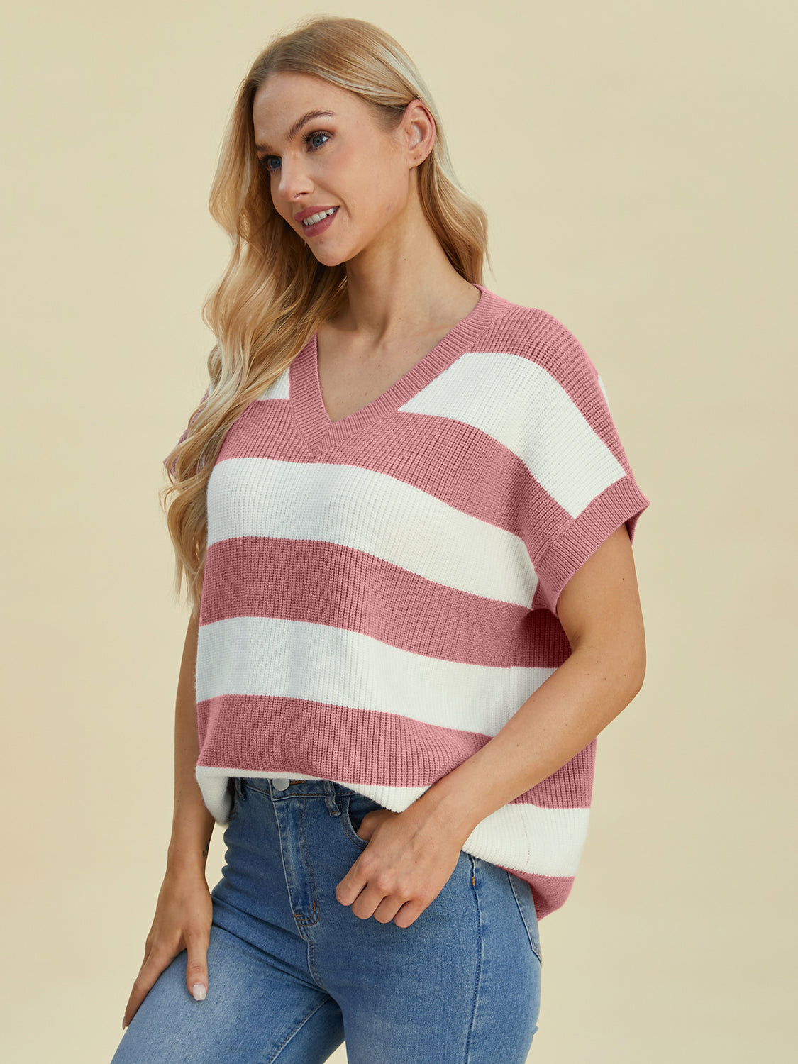 Anna Striped V-Neck Short Sleeve Sweater