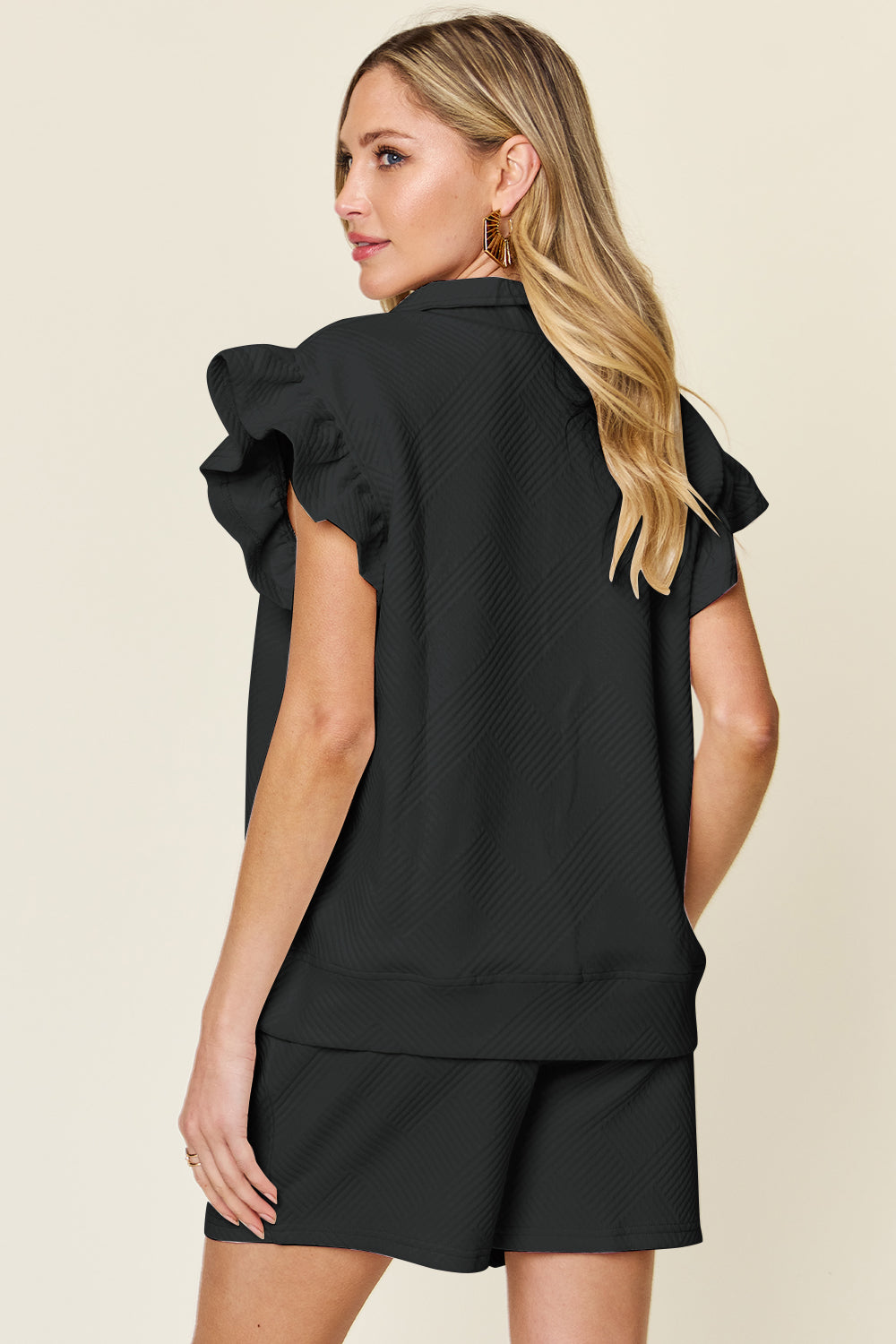 Indie Texture Flounce Sleeve Top and Drawstring Shorts Set